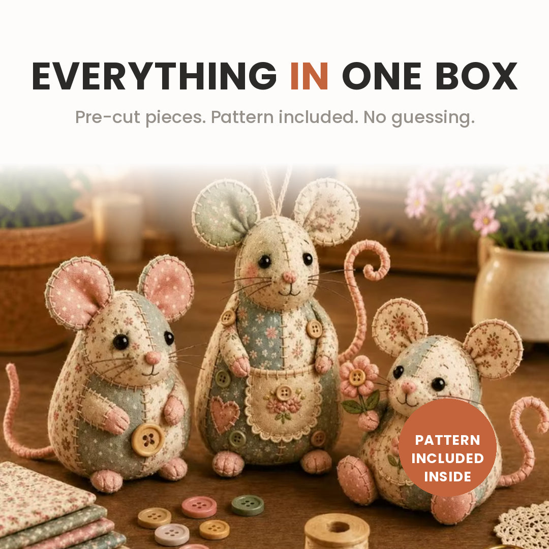 Mouseling DIY mouse plushie sewing kit for beginners with finished mouse and kit contents