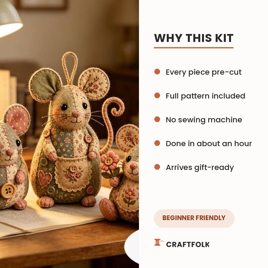 Mouseling kit benefits: pre-cut pieces, full-size pattern, no sewing machine, finished in one evening