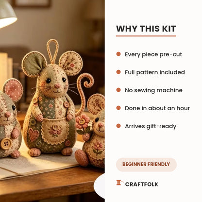 Mouseling kit benefits: pre-cut pieces, full-size pattern, no sewing machine, finished in one evening