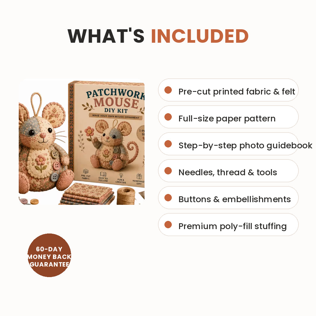 What is inside the Mouseling box: pre-cut cotton and felt, paper pattern, photo guidebook, thread, needles, wooden buttons and stuffing