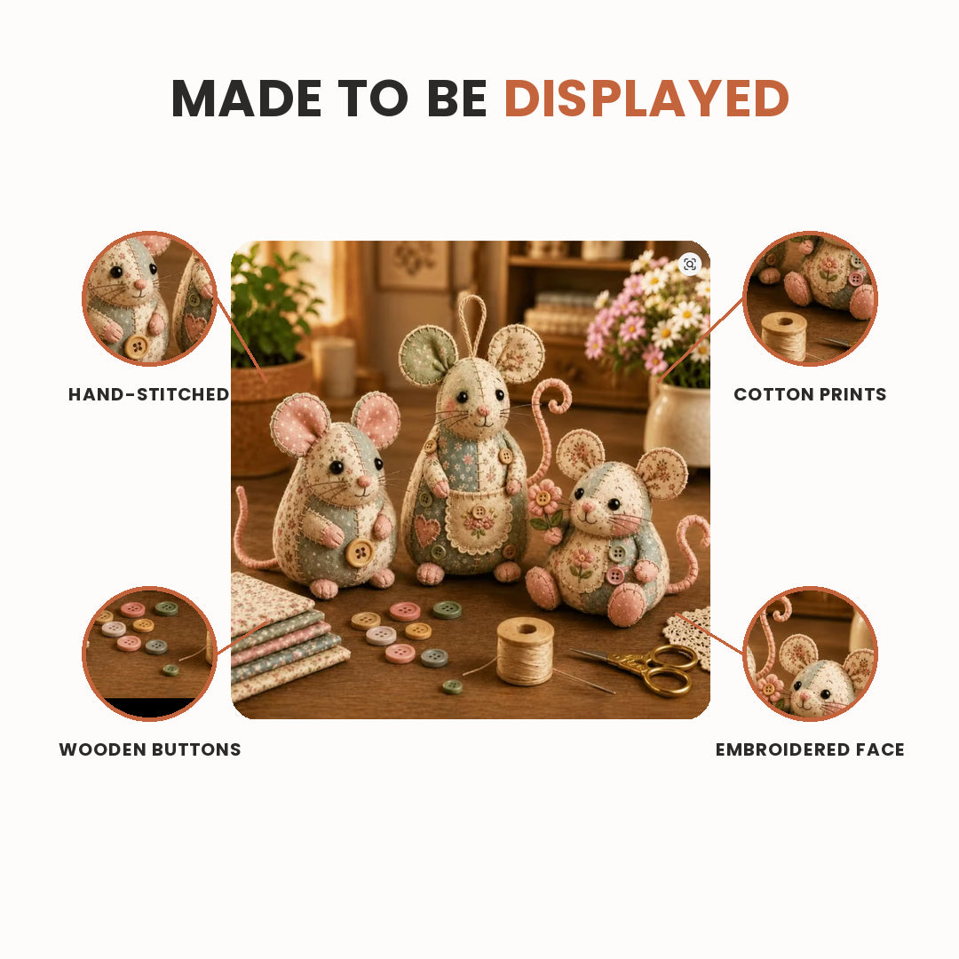 Close-up of the finished Mouseling plushie showing stitched face, felt ears and wooden buttons