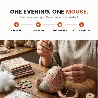 Mouseling step by step: prepare the pieces, sew the body, add details, stuff and finish