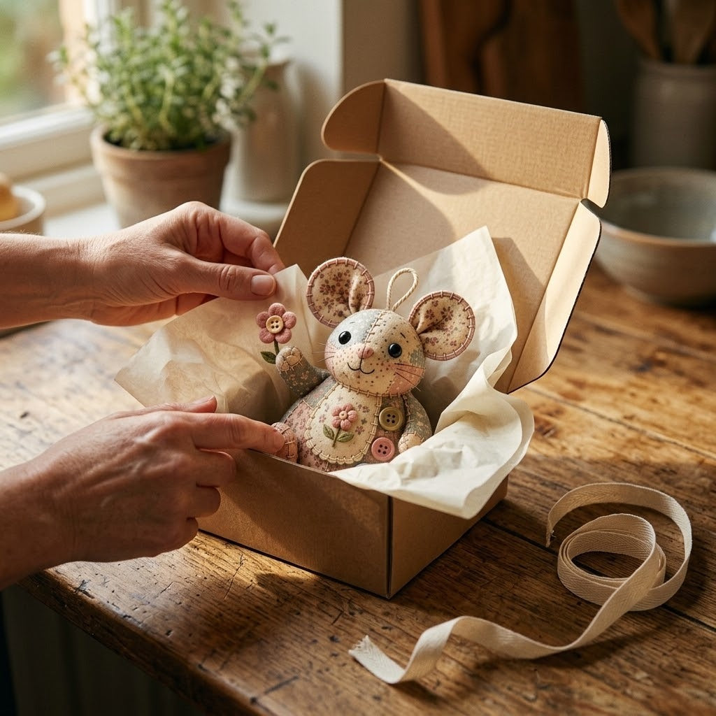Craftfolk mouse in a kraft gift box with tissue paper