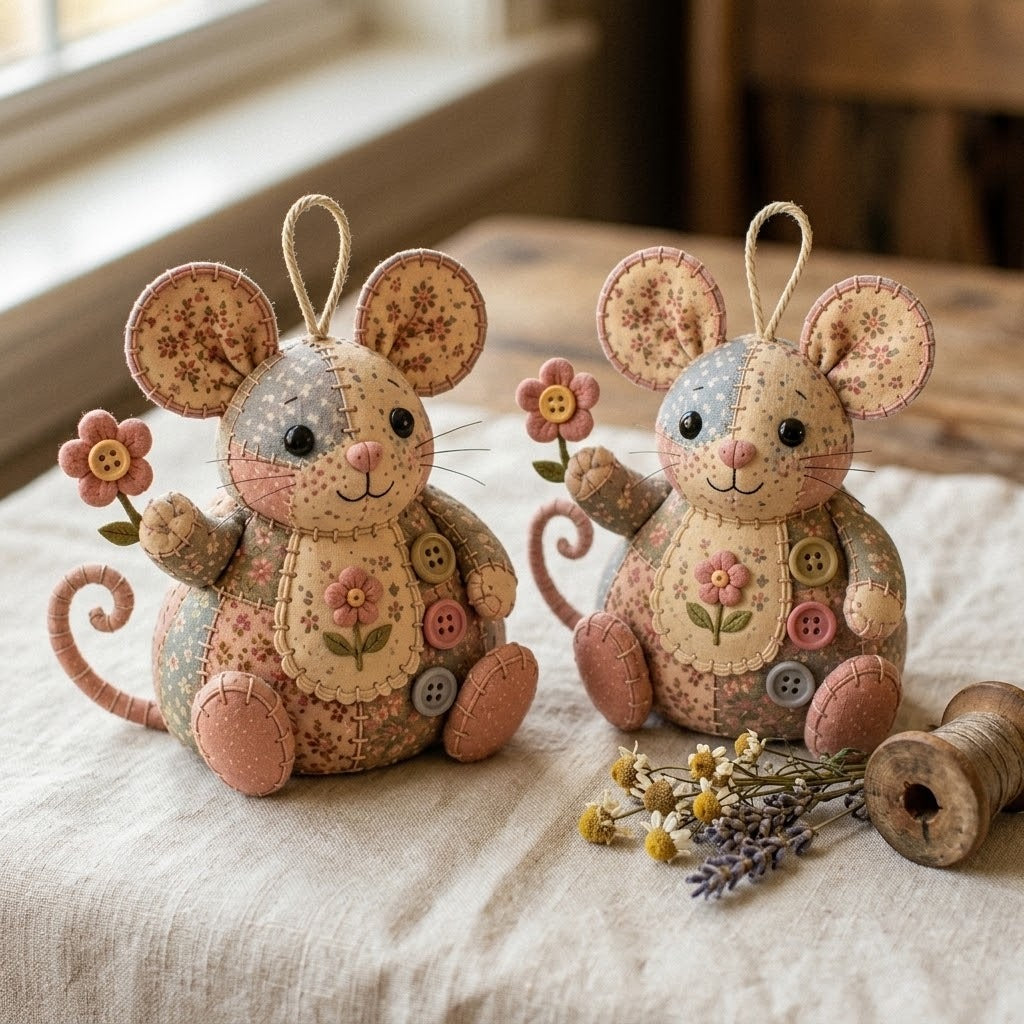 Two Mouseling mice on warm linen with dried flowers