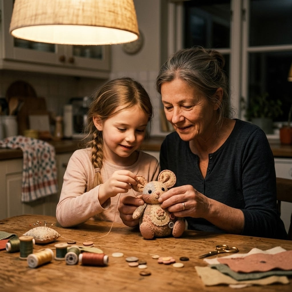 Grandmother and granddaughter sewing a Mouseling together